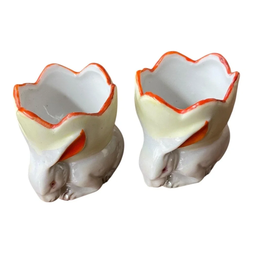 Vintage Japanese Rabbit Salt Cellars Nesting Pair‎ MCM Porcelain Bunny HNW Japan